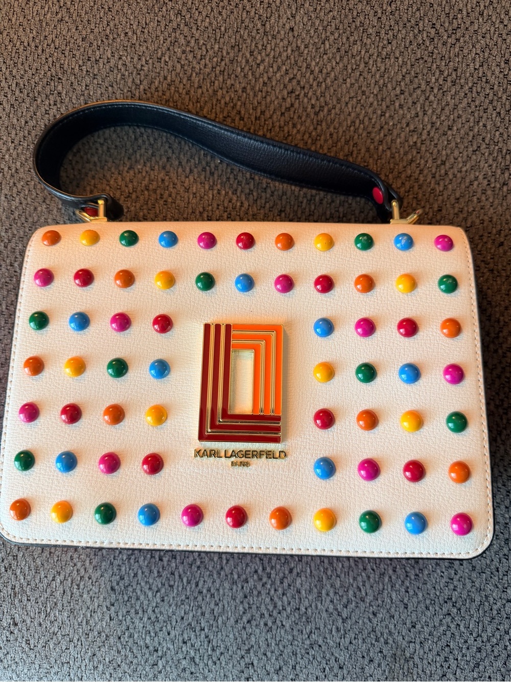 Karl Lagerfeld Cream Shoulder Bag with Multicolor Studs and Black Strap